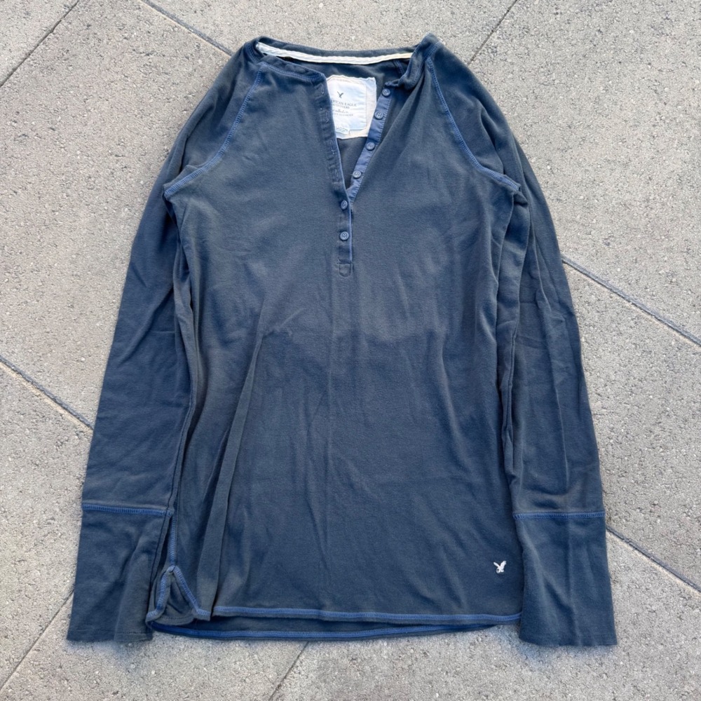 American Eagle Mens Henley Long Sleeve Shirt Navy Blue Raglan XL TG
